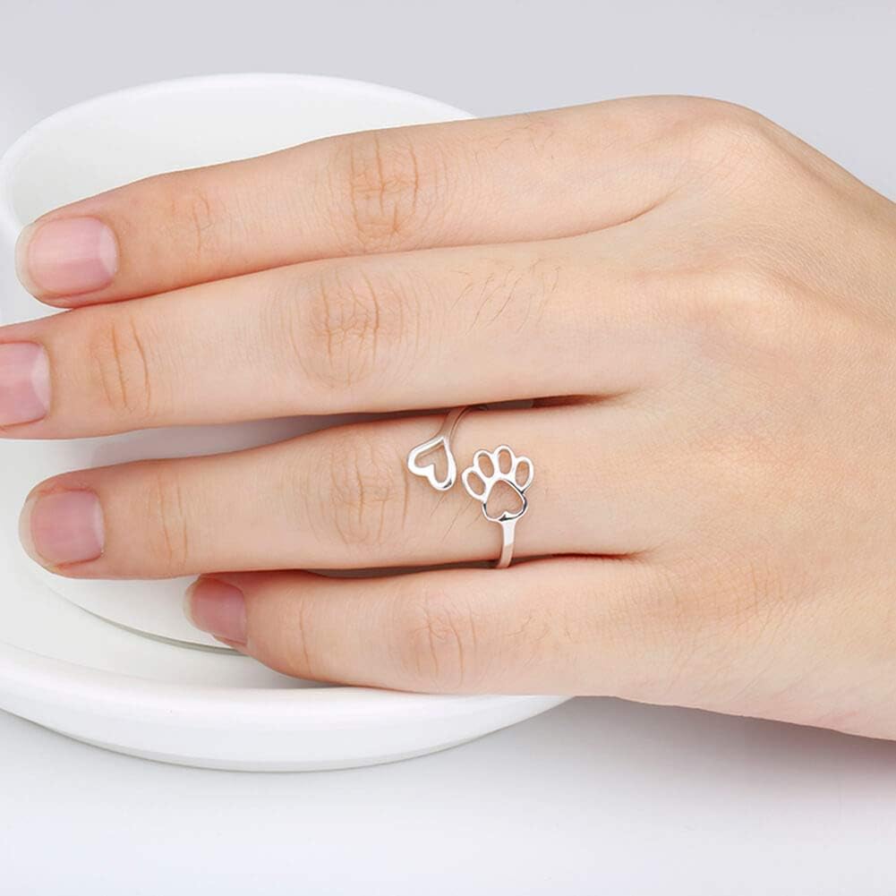 Handcrafted Paw Print Heart 925 Sterling Silver Adjustable Ring