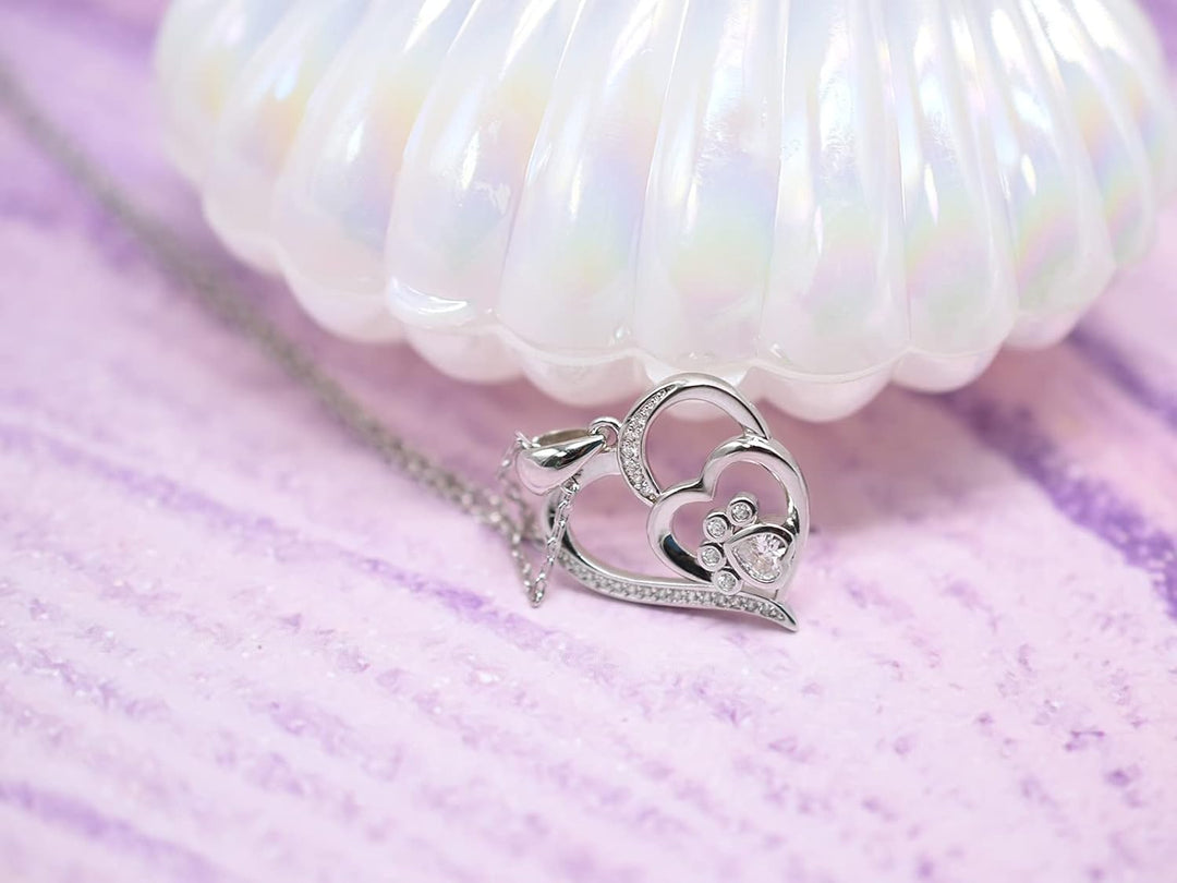 Paw Necklace for Women – Sterling Silver Heart Pendant with Paw Print and Zirconia