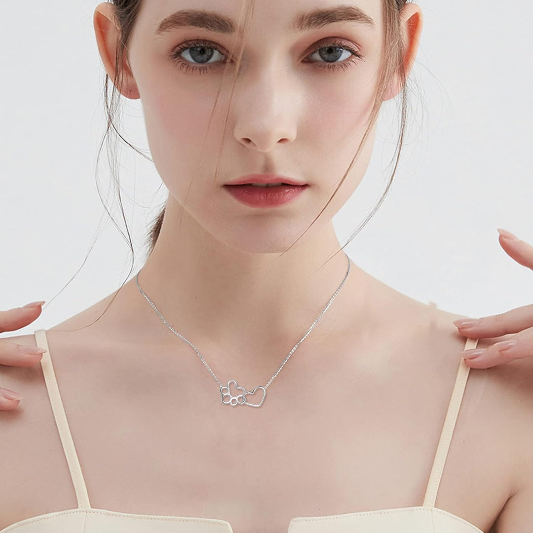 Paw Print Necklace in Sterling Silver – Heart Crystal Pendant with Dog Paw
