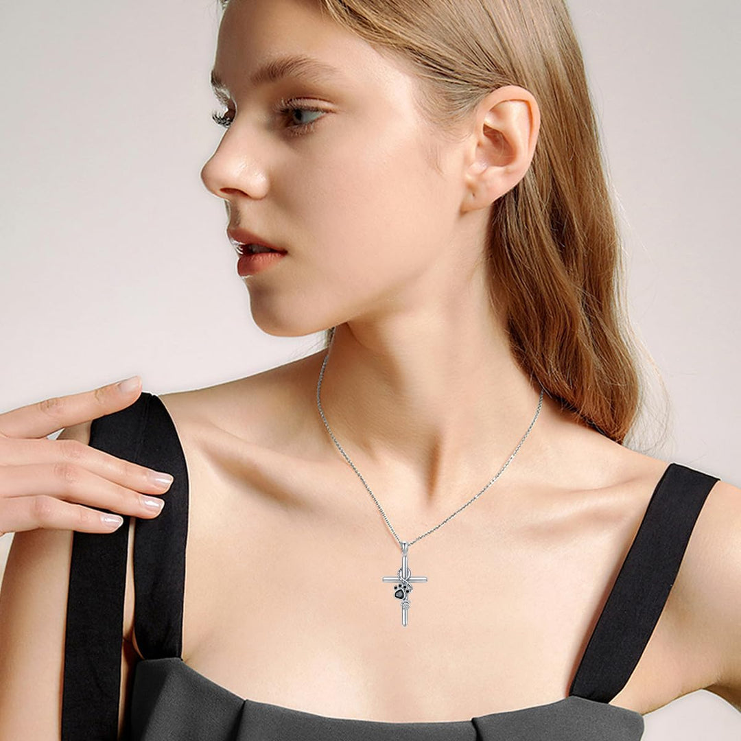 925 Sterling Silver Necklace – Paw Print / Cross Pendant