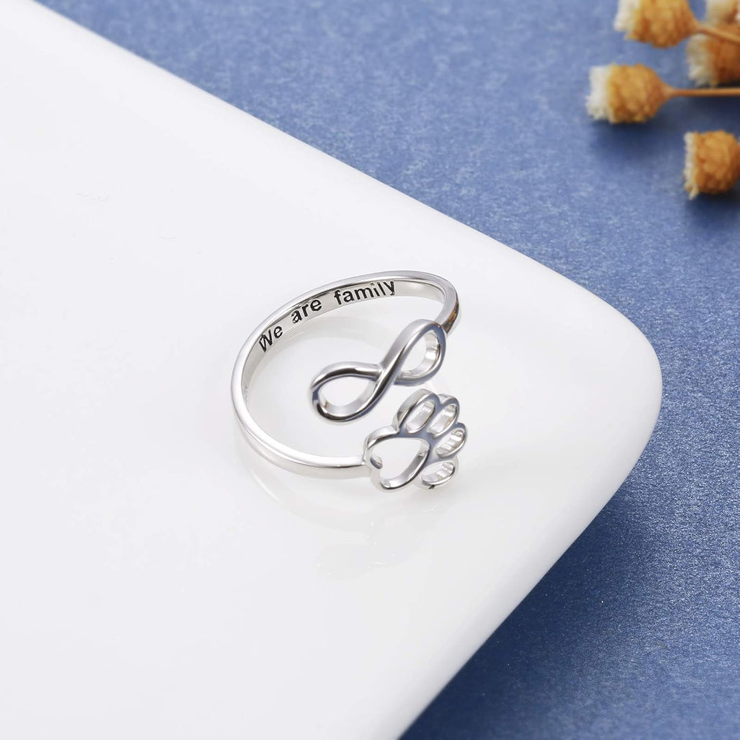 Handcrafted Paw Print Heart 925 Sterling Silver Adjustable Ring