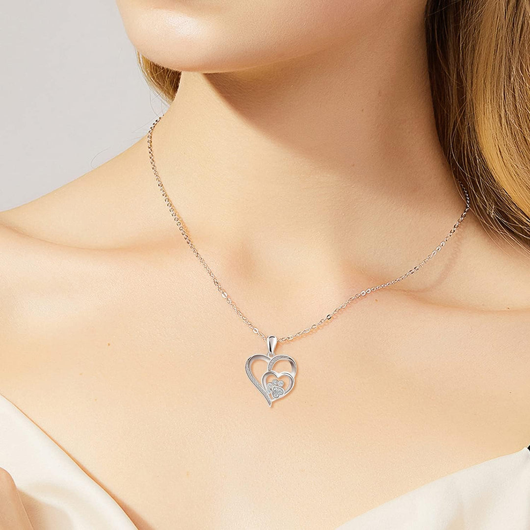 Paw Necklace for Women – Sterling Silver Heart Pendant with Paw Print and Zirconia