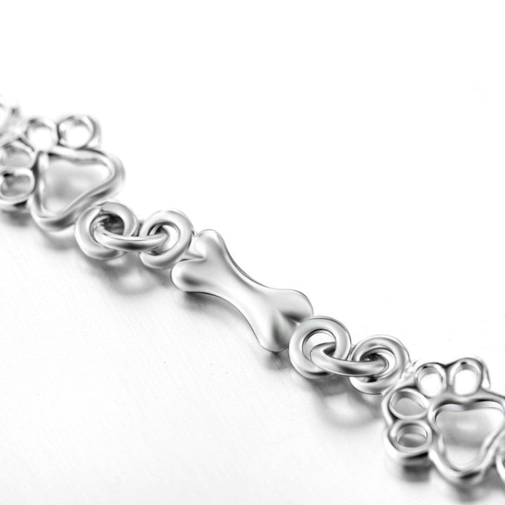 Bracelet with Dog Paw and Bone Charms Made of Pure Silver
