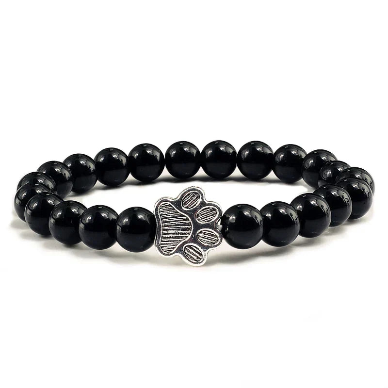 Natural Stone Bracelet with Paw Pendant – Elastic Beaded Bracelet for Men & Women