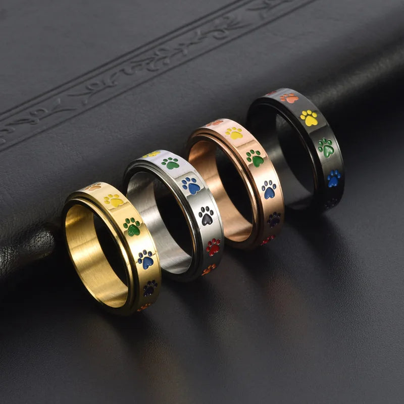 Rotatable Anti-Stress Ring with Paws – Stainless Steel Ring with Rainbow Colors